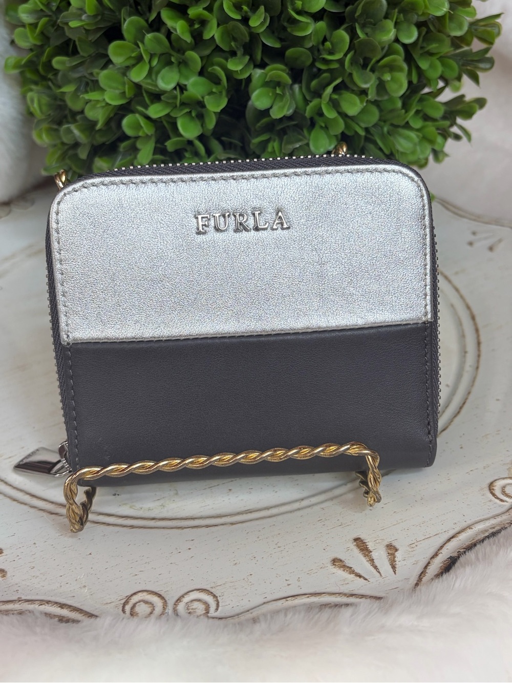 Furla Metallic Silver and Gray Two-Tone Zip Wallet